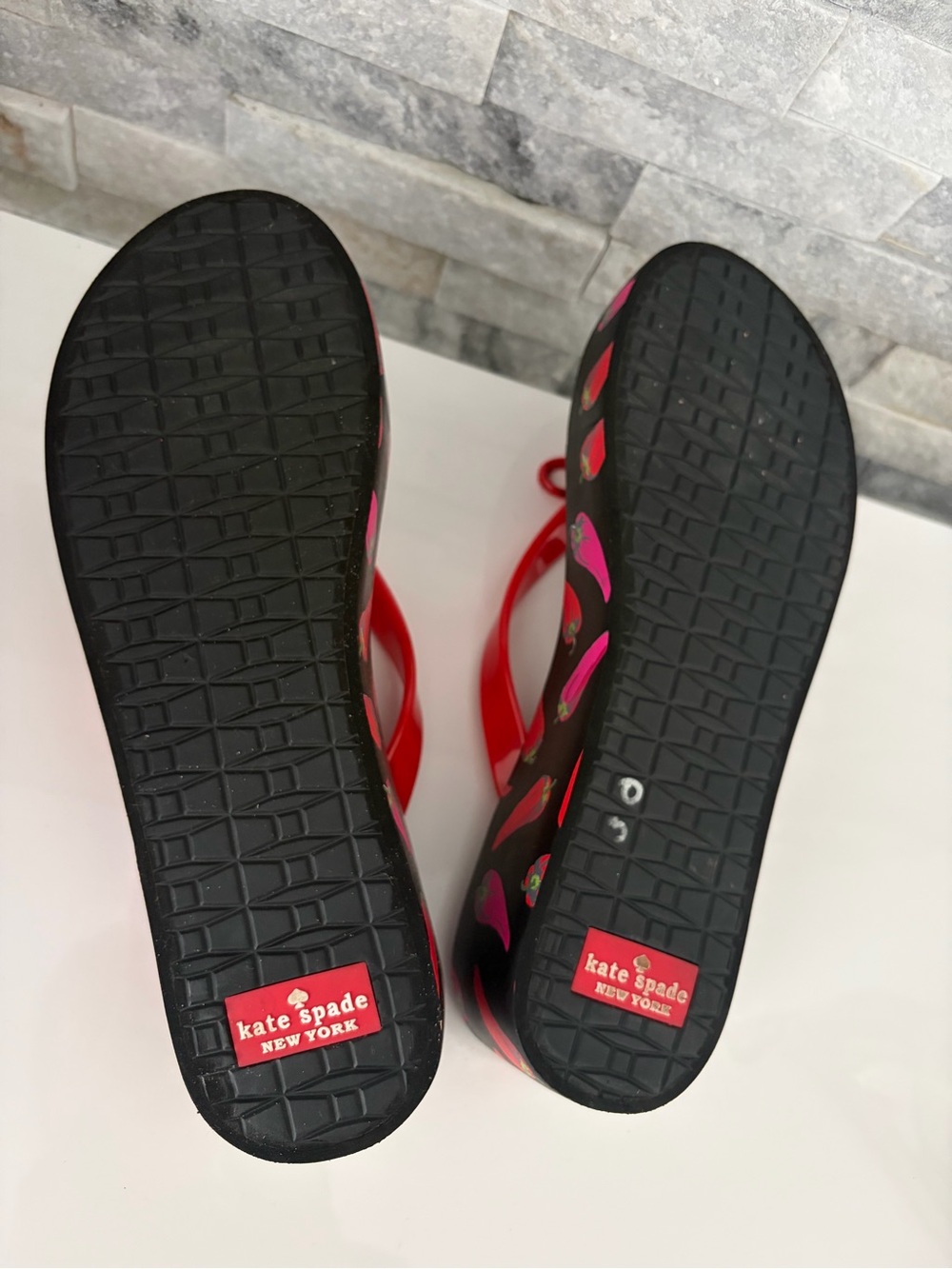 kate spade Black Platform Flip Flop Sandals with Red and Pink Pepper Print - Picture 5 of 10